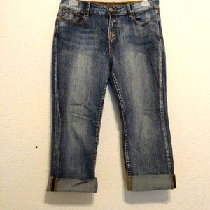 8 Circuit of Consciousness Blue Denim Embroidered Pockets Zip Crop Jeans sz 12